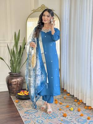  Roman Silk Embroidered Straight Kurta with Pant And Dupatta Set 3