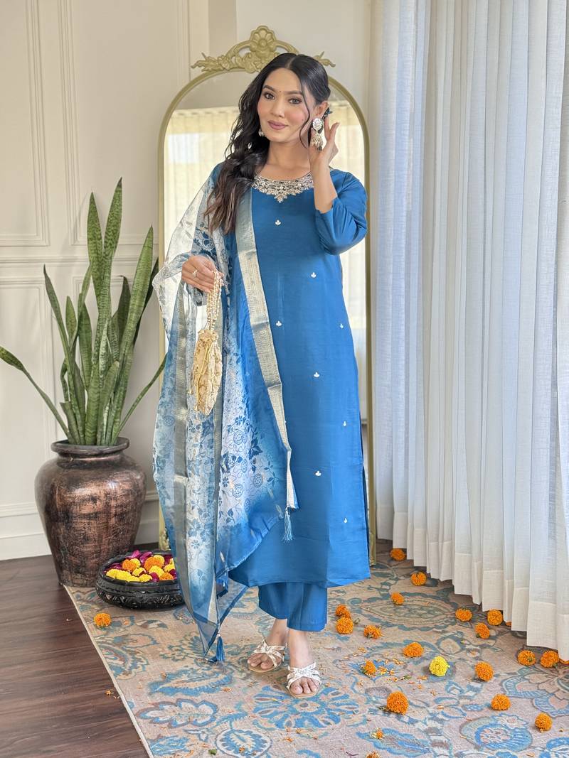 Women's Beautiful Roman Silk Embroidered Straight Kurta with Pant And Dupatta Set
