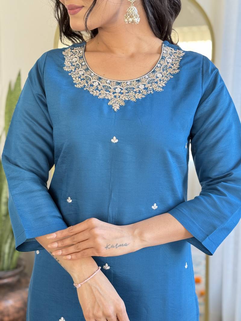 Women's Beautiful Roman Silk Embroidered Straight Kurta with Pant And Dupatta Set