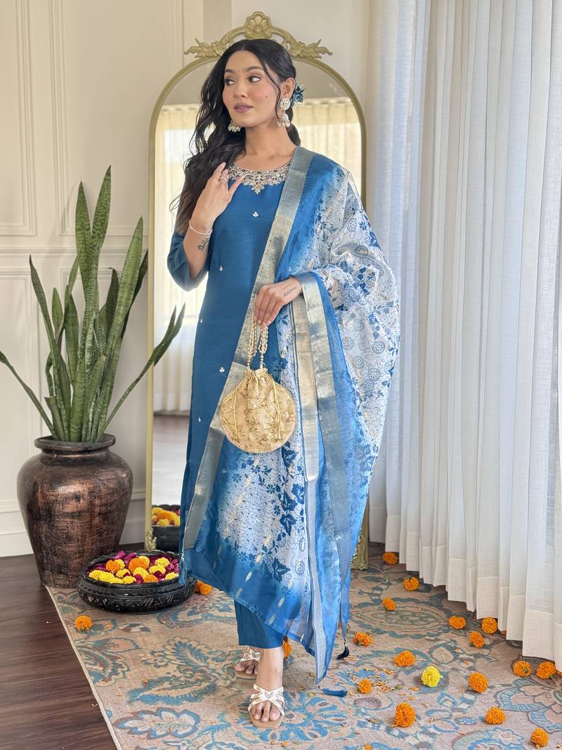 Women's Beautiful Roman Silk Embroidered Straight Kurta with Pant And Dupatta Set