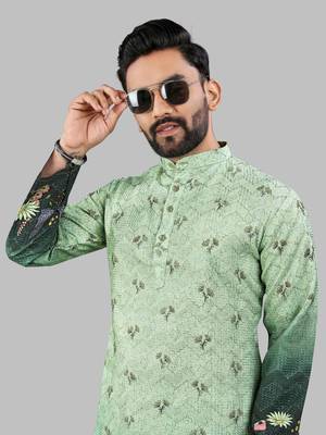 Green rayon crochet floral printed kurta for men 5