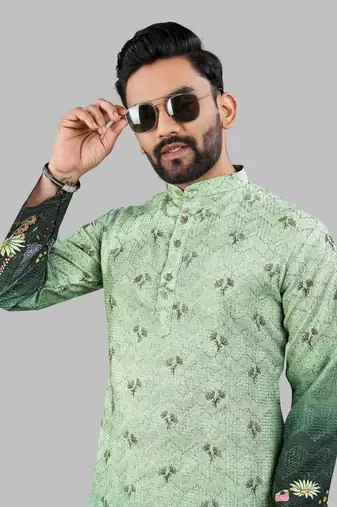 Green rayon crochet floral printed kurta for men