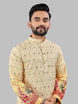 Yellow poly rayon crochet floral printed kurta for men 5