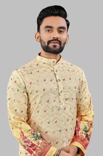 Yellow poly rayon crochet floral printed kurta for men