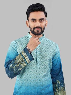 Blue rayon crochet printed kurta for men 5