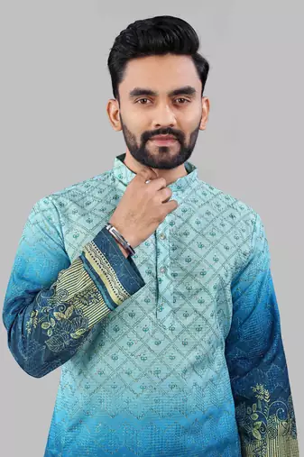 Blue rayon crochet printed kurta for men