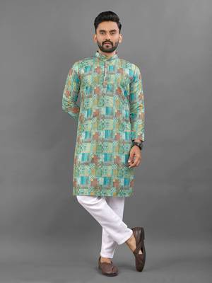 Multicolour rayon crochet printed kurta for men 2