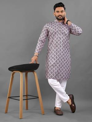 Purple rayon crochet printed kurta for men 5