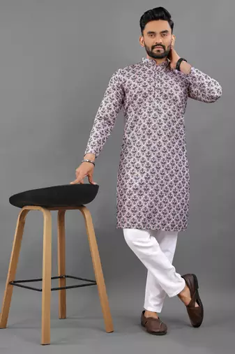 Purple rayon crochet printed kurta for men