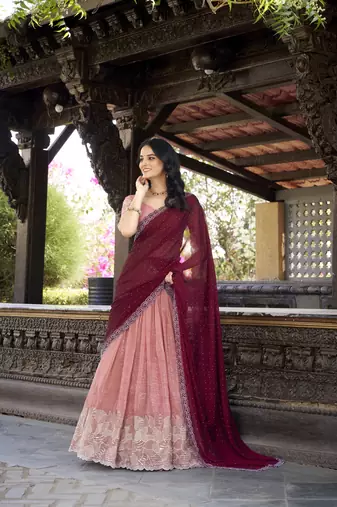 Peach Sequins Gold Crush Fabric  Lehenga Choli With Dupatta