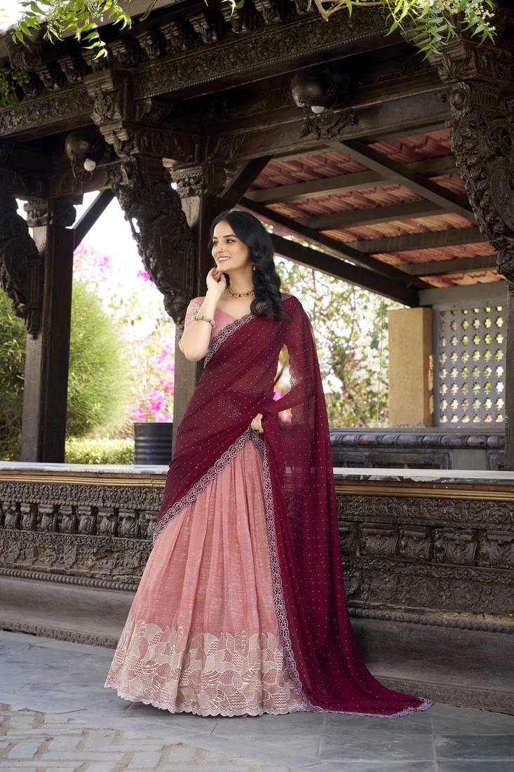 Peach Sequins Gold Crush Fabric  Lehenga Choli With Dupatta