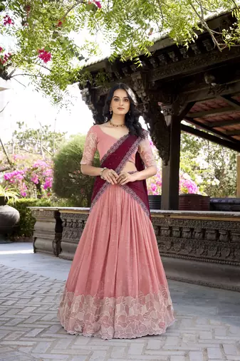Peach Sequins Gold Crush Fabric  Lehenga Choli With Dupatta