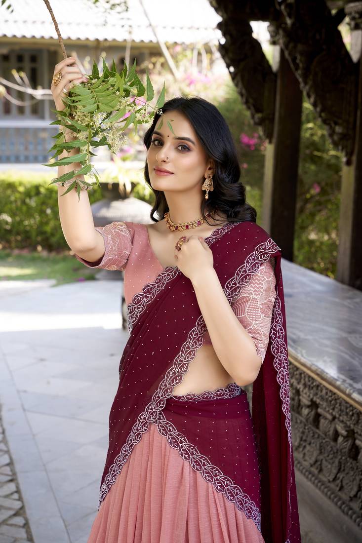 Peach Sequins Gold Crush Fabric  Lehenga Choli With Dupatta