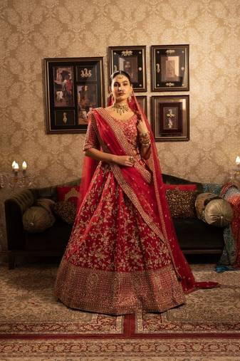 Red Silk Bridal Lehenga with floral motifs sequins and cutdana embellishment