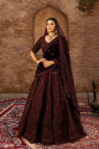 maroon Bridal Lehenga in Net and Velvet with Hand-Embroidery