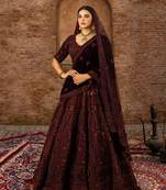 maroon Bridal Lehenga in Net and Velvet with Hand-Embroidery