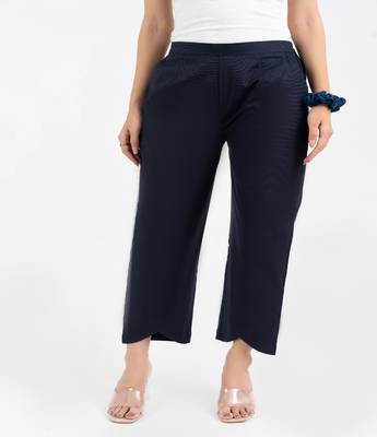 Navy blue cotton  solid pant with leaf bottom 1
