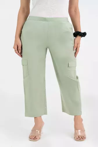 Pista green cotton  solid pant with leaf bottom