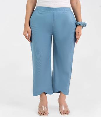 Light blue cotton  solid pant with leaf bottom 1