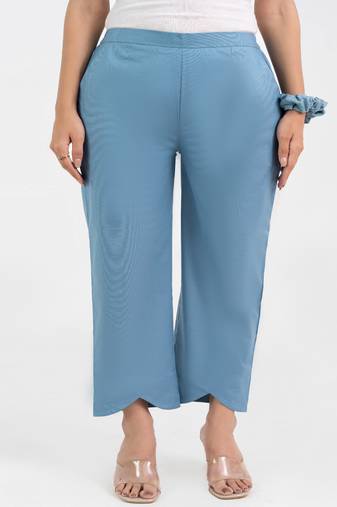 Light blue cotton  solid pant with leaf bottom