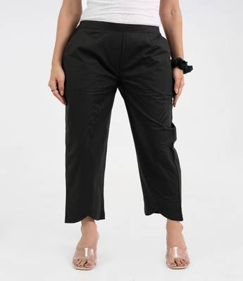 Black cotton  solid pant with leaf bottom 1