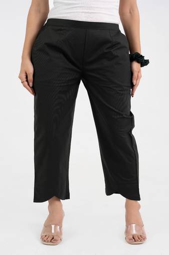 Black cotton  solid pant with leaf bottom