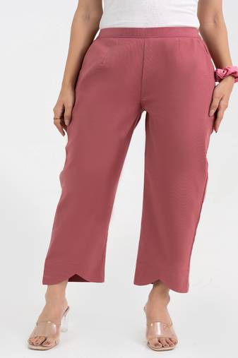 Mauve cotton  solid pant with leaf bottom