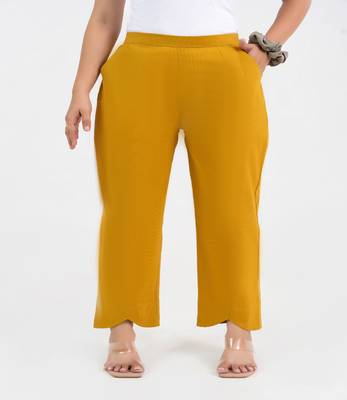 Mustard cotton  solid pant with leaf bottom 1