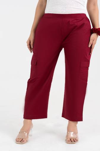 Maroon cotton  solid cargo pant