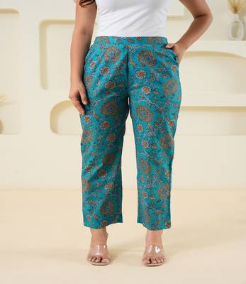 Cyan block printed cotton  pant 1