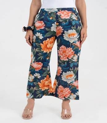 Navy blue bold floral printed cotton  pant 1