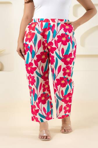 Pink flower printed cotton  pant
