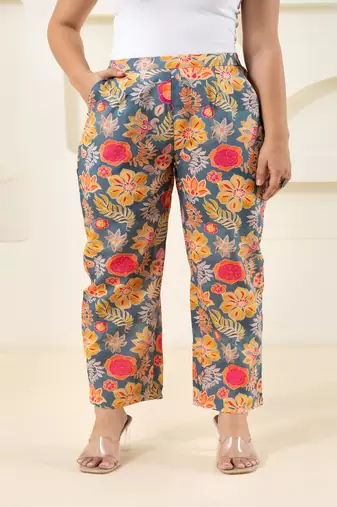 Grey floral printed cotton  pant