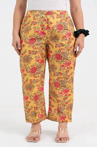 Yellow floral jaal printed cotton  pant