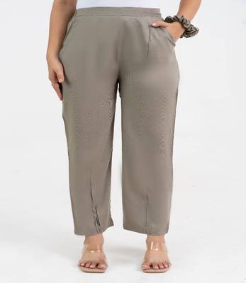 Light brown solid viscose pant with pleated bottom 1