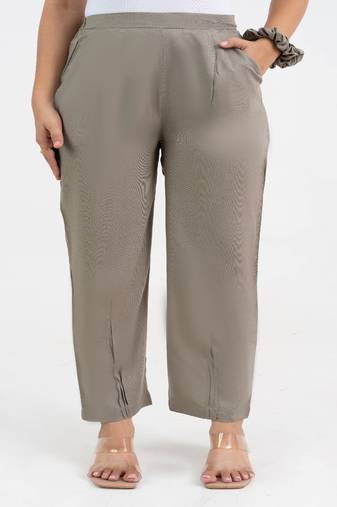 Light brown solid viscose pant with pleated bottom