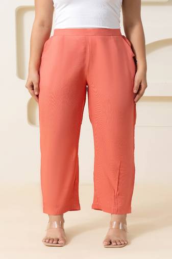 Peach solid viscose pant with pleated bottom