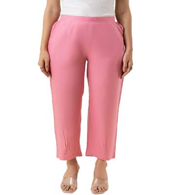 Pink solid viscose pant with pleated bottom 1