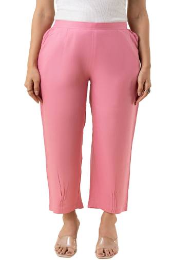 Pink solid viscose pant with pleated bottom