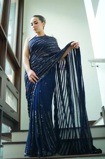 blue Georgette sequin work Saree With Blouse