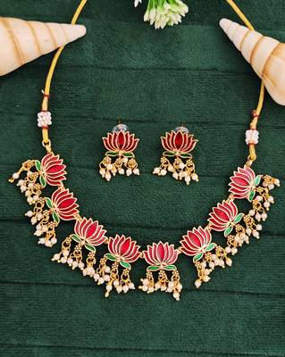 Lotus design enamel necklace set with earrings     delicate jewelry     pearl dangling detail 1