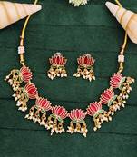 Lotus design enamel necklace set with earrings     delicate jewelry     pearl dangling detail