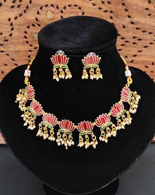 Lotus design enamel necklace set with earrings     delicate jewelry     pearl dangling detail 3