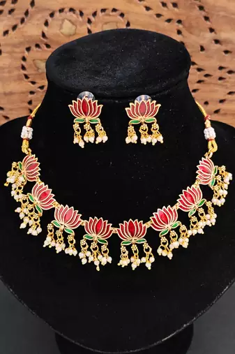Lotus design enamel necklace set with earrings     delicate jewelry     pearl dangling detail