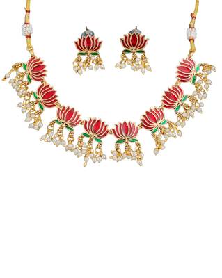 Lotus design enamel necklace set with earrings     delicate jewelry     pearl dangling detail 4