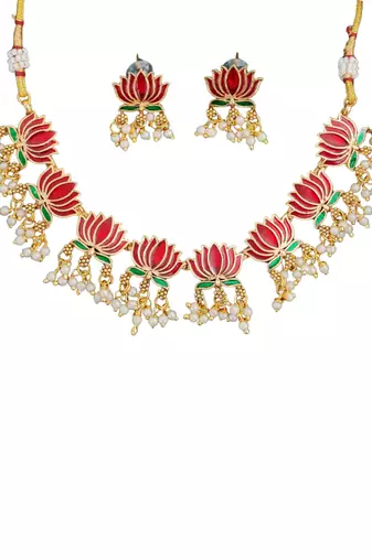 Lotus design enamel necklace set with earrings     delicate jewelry     pearl dangling detail