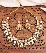 Kundan gold plated choker necklace set with white stones, pearls, and matching jhumka earrings - wedding jewellery.
