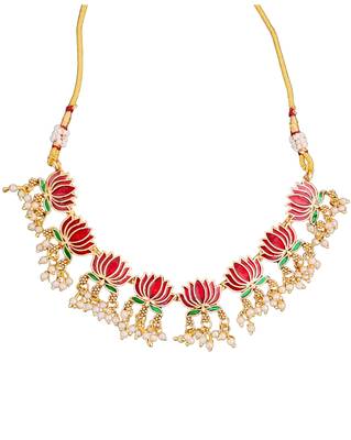 Lotus design enamel necklace set with earrings     delicate jewelry     pearl dangling detail 5