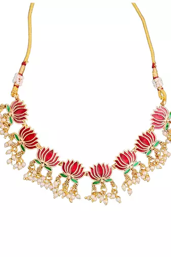 Lotus design enamel necklace set with earrings     delicate jewelry     pearl dangling detail