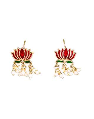 Lotus design enamel necklace set with earrings     delicate jewelry     pearl dangling detail 6